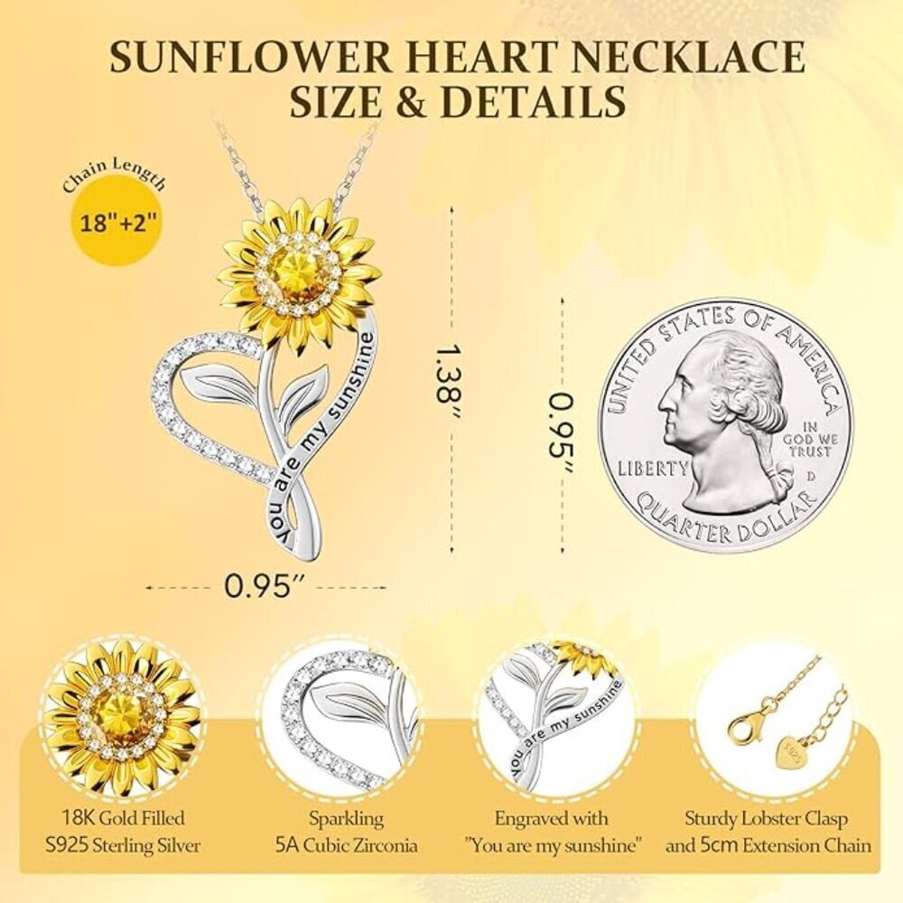 Sunflower Heart Necklace – “You Are My Sunshine” – S925 Sterling Silver – New - Picture 4 of 4